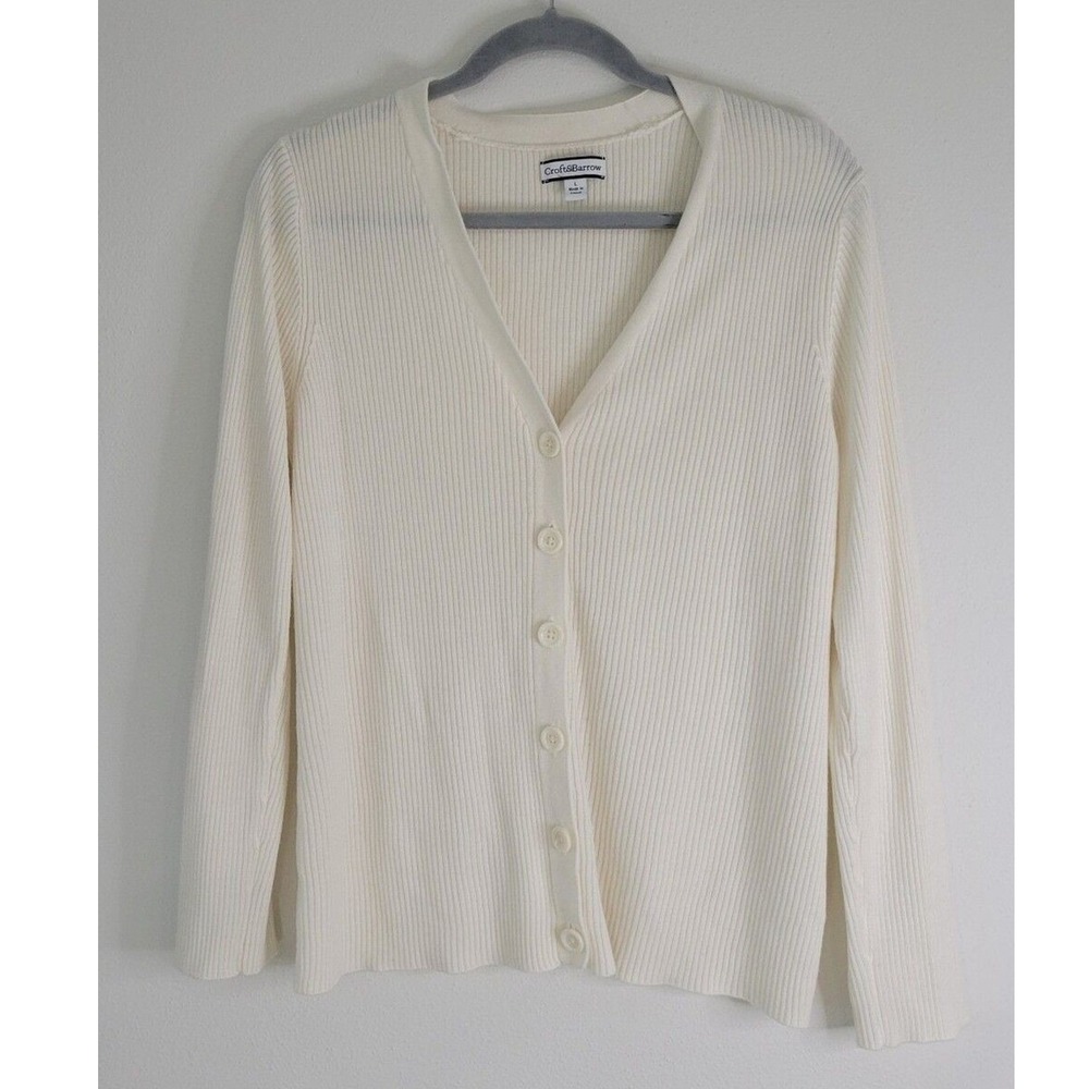 CROFT & BARROX WOMEN SIZE L Cream Ribbed Button-Up Cardigan
